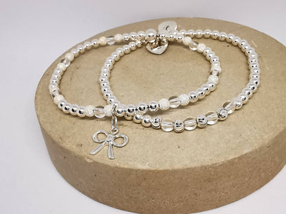 Mila and Stella Crystal Beaded Bracelet Duo with Bow in Sterling Silver