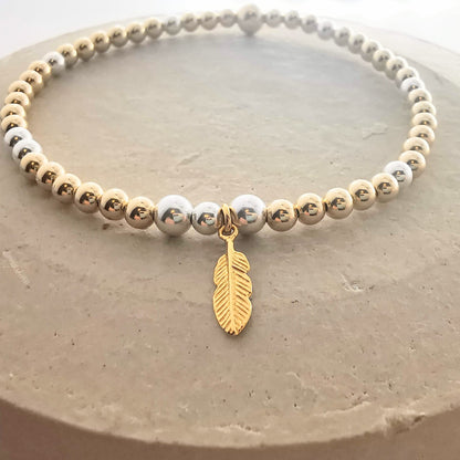 AMY Sterling Silver and Gold Bead Bracelet with Gold Feather - SKU 2232 - Sophellie Jewellery