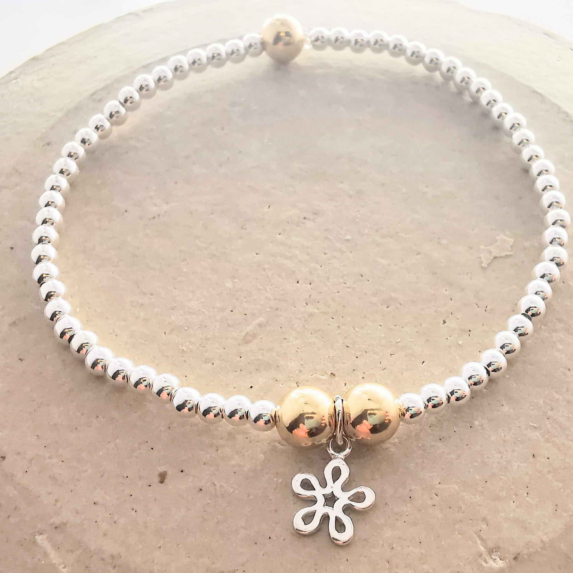 ANNIE Sterling Silver and Gold Bead Bracelet with Sterling Silver Flower - SKU 2230 - Sophellie Jewellery