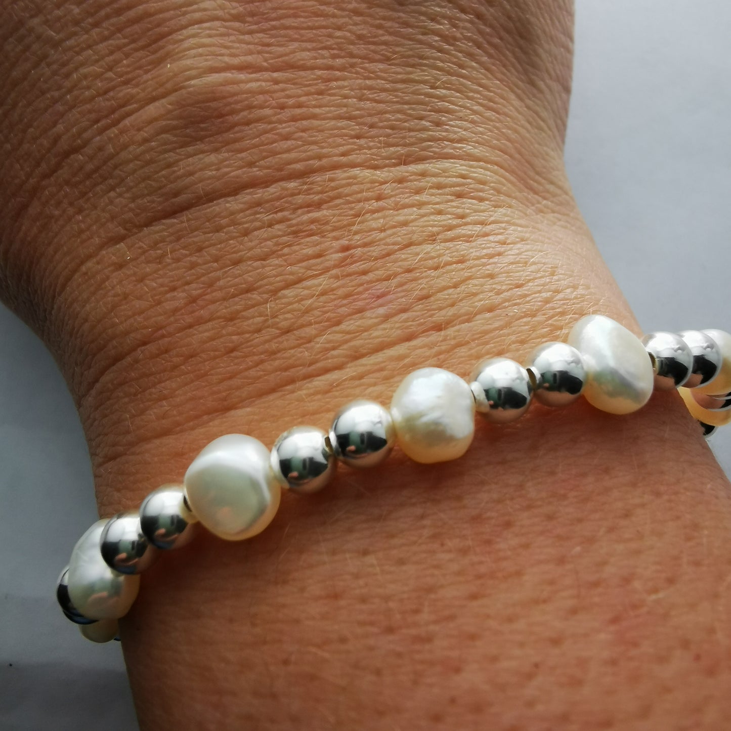 EVELYN - Sterling Silver Bead Bracelet with Freshwater Pearl - SKU 2241 - Sophellie Jewellery