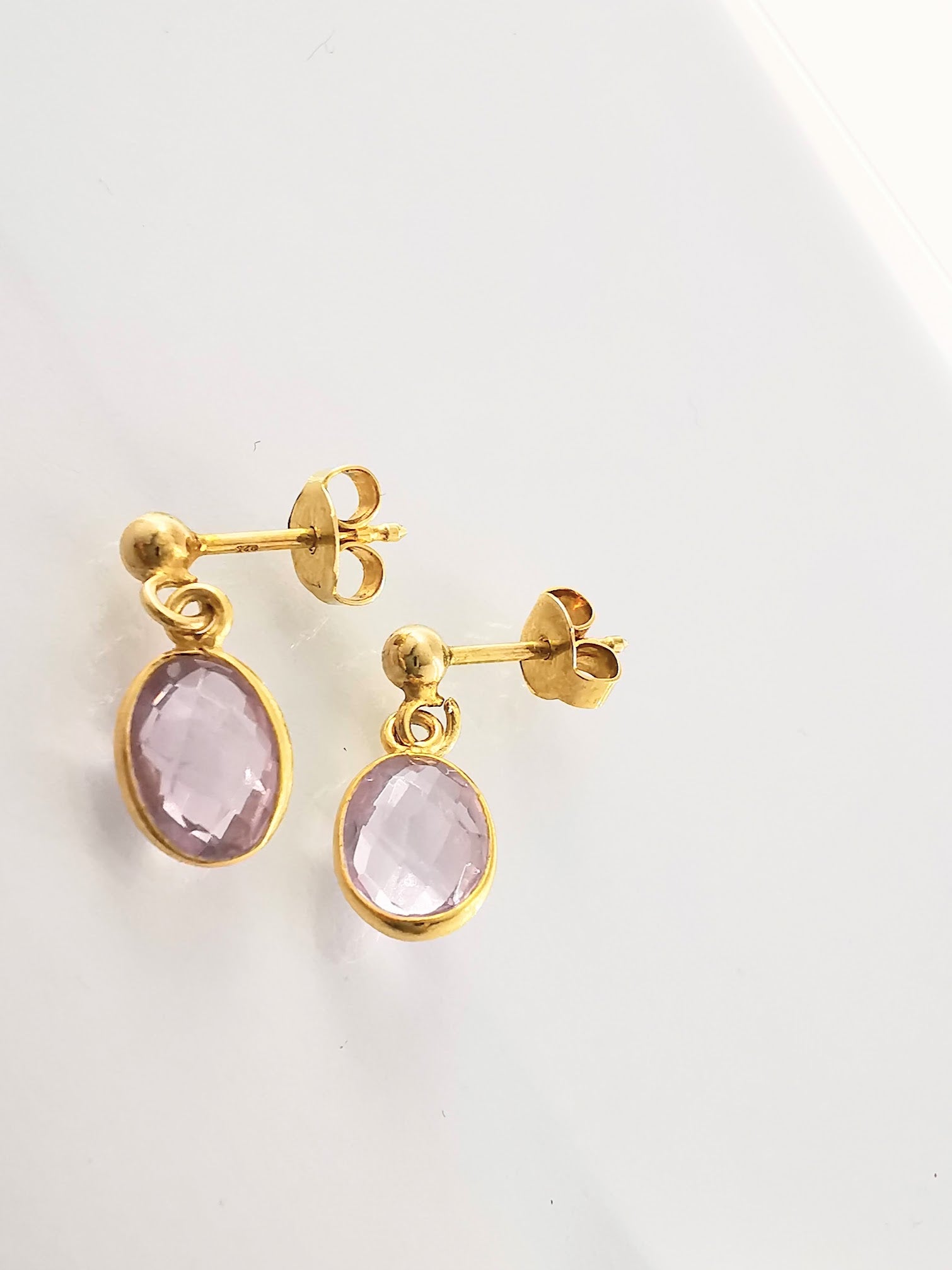 Gold Pink Amethyst Stud Drop Earrings - SKU 1302 - Sophellie Jewellery