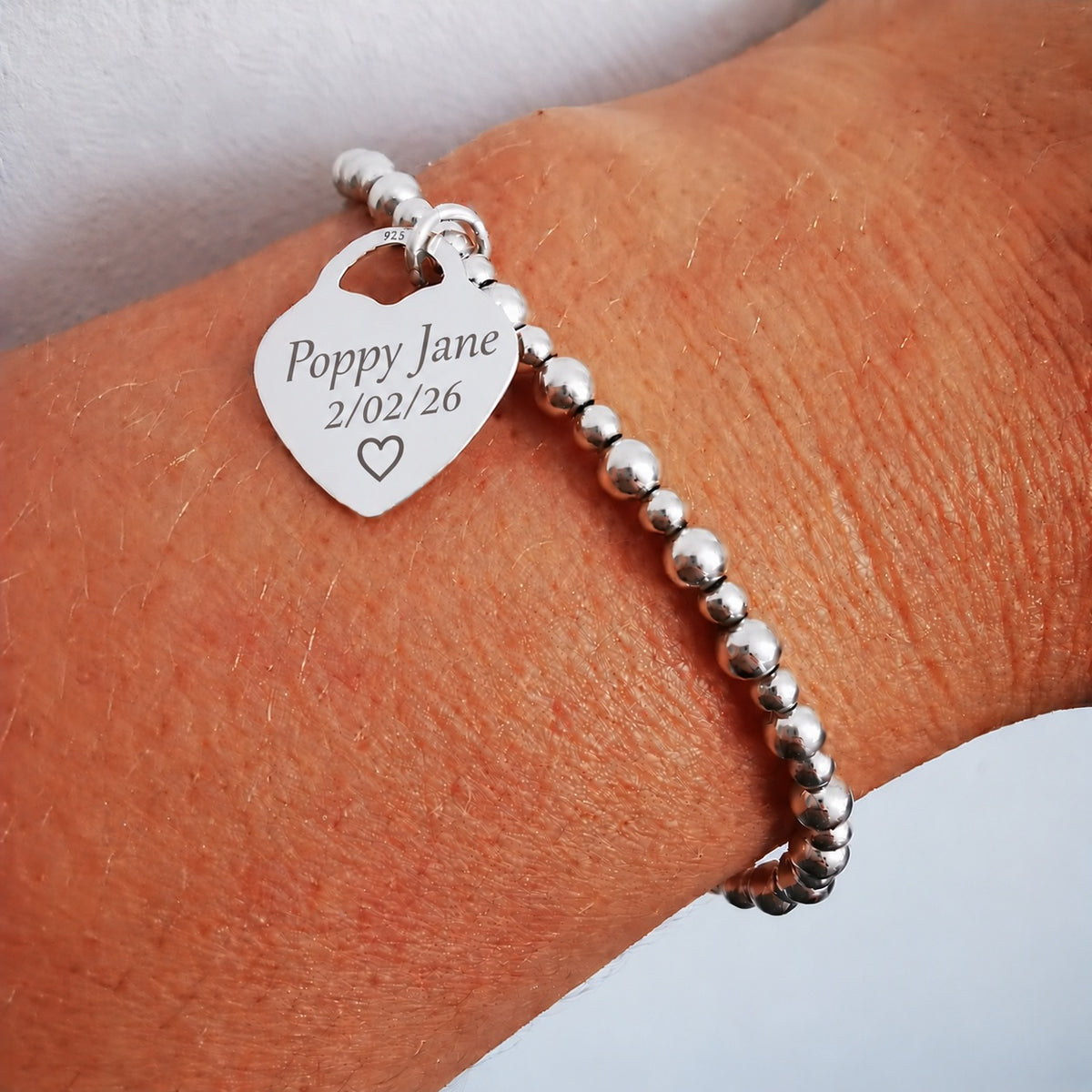 Personalised Name and Date Sterling Silver Beaded Bracelet