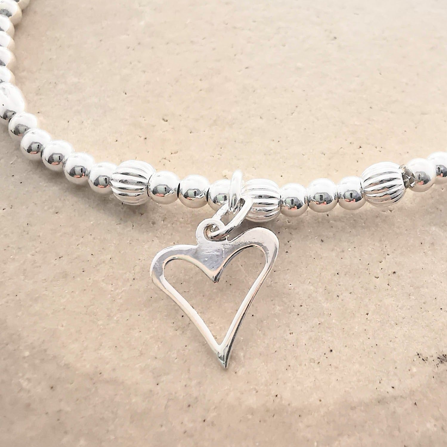 NATALIE Sterling Silver Bead and Open Heart Stretch Bracelet - SKU 1761 - Sophellie Jewellery