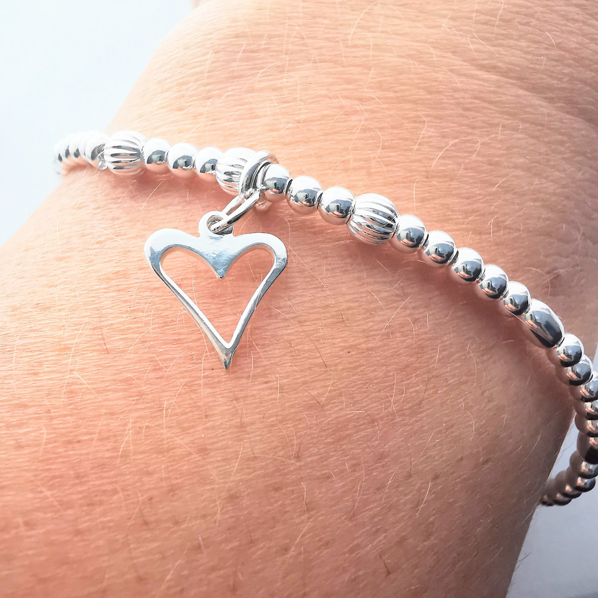 NATALIE Sterling Silver Bead and Open Heart Stretch Bracelet - SKU 1761 - Sophellie Jewellery