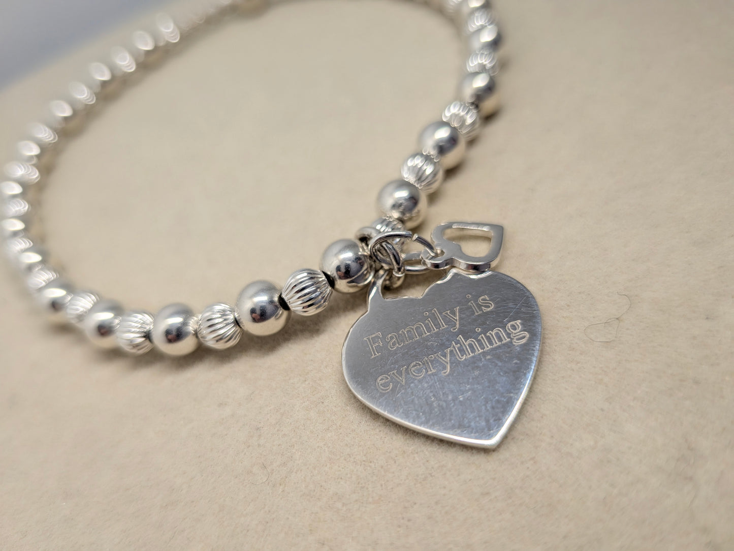 FAMILY IS EVERYTHING Personalised Silver Beaded Bracelet with Heart