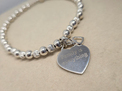 FAMILY IS EVERYTHING Personalised Silver Beaded Bracelet with Heart