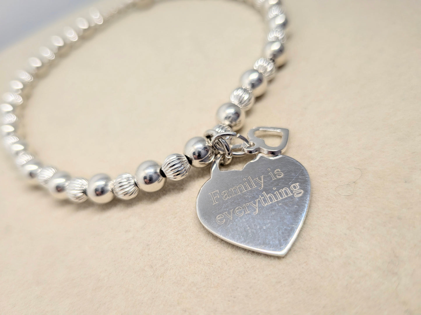 FAMILY IS EVERYTHING Personalised Silver Beaded Bracelet with Heart