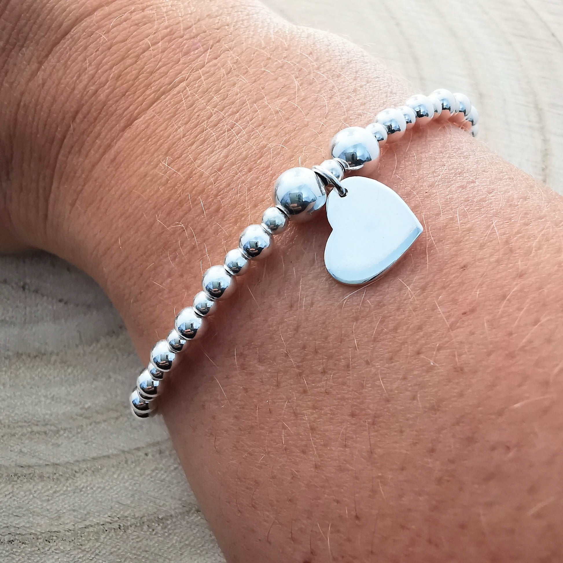 Sterling Silver Bead and Heart Stretch Bracelet - SKU 1741 - Sophellie Jewellery