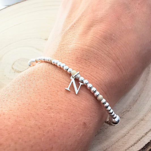 Sterling Silver Bead and Initial Stretch Bracelet - SKU 1740 - Sophellie Jewellery