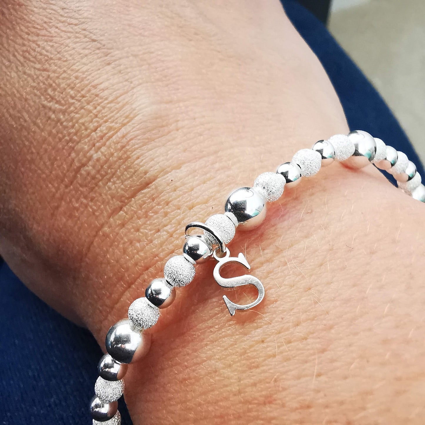 Sterling Silver Bead and Initial Stretch Bracelet - SKU 2235 - Sophellie Jewellery