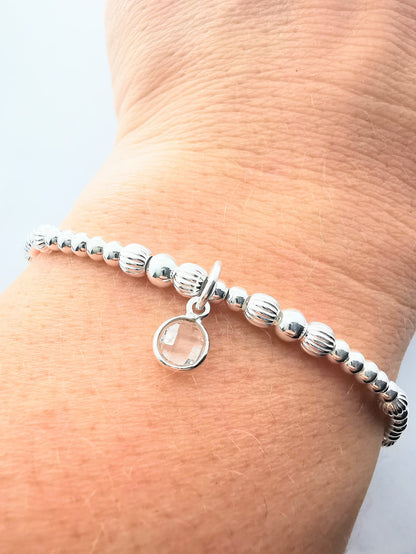 Sterling Silver Bead Bracelet with Crystal Quartz - SKU 1772 - Sophellie Jewellery