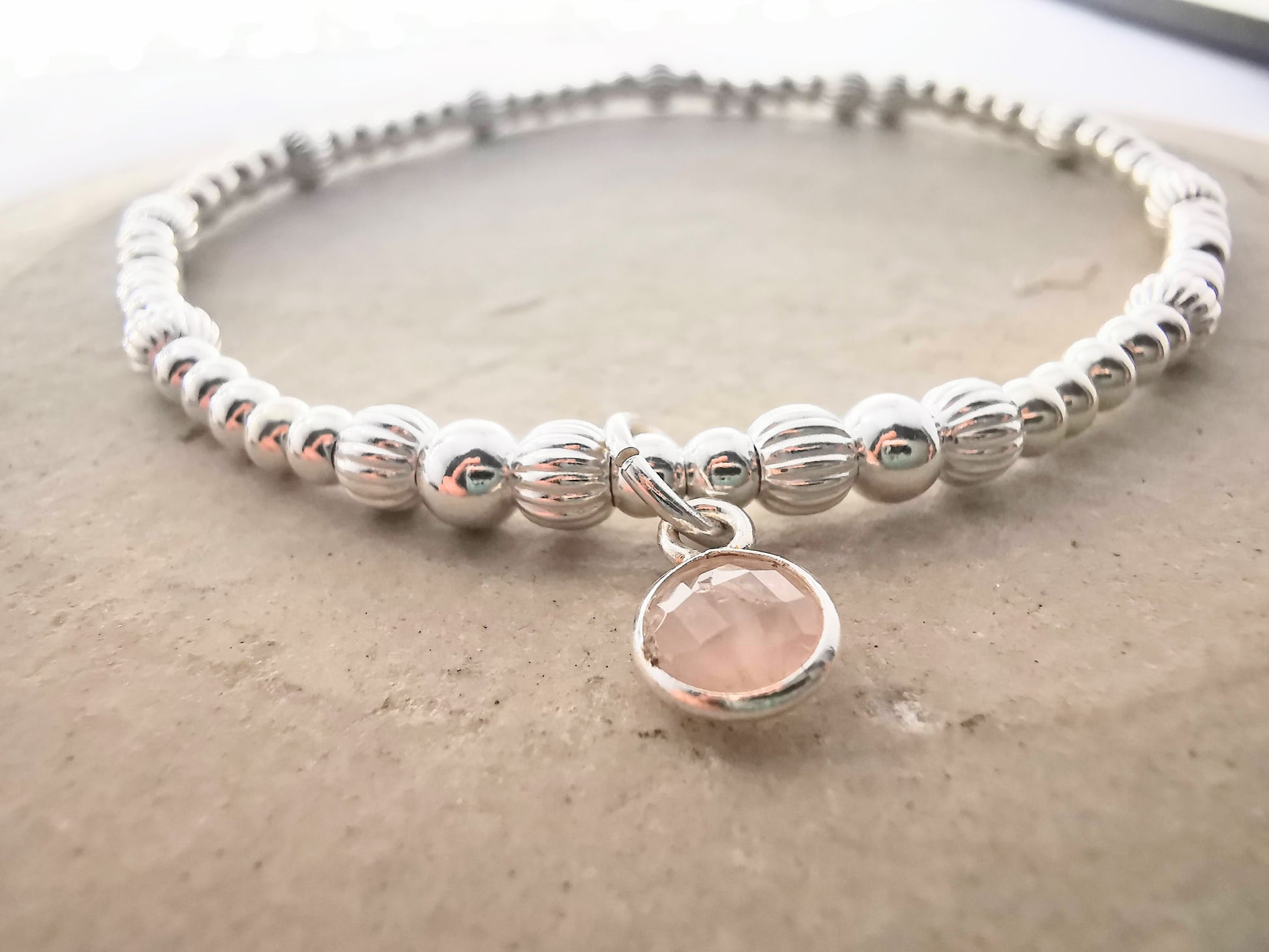 Sterling Silver Bead Bracelet with Rose Quartz - SKU 1777 - Sophellie Jewellery