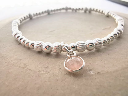 Sterling Silver Bead Bracelet with Rose Quartz - SKU 1777 - Sophellie Jewellery