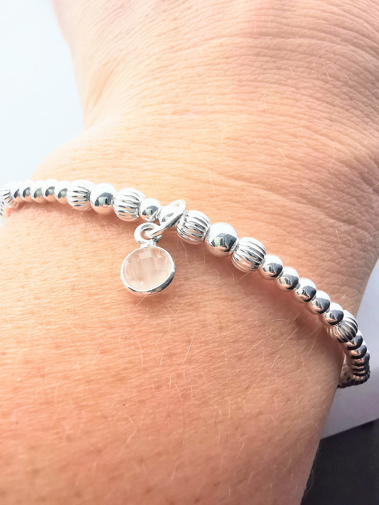 Sterling Silver Bead Bracelet with Rose Quartz - SKU 1777 - Sophellie Jewellery