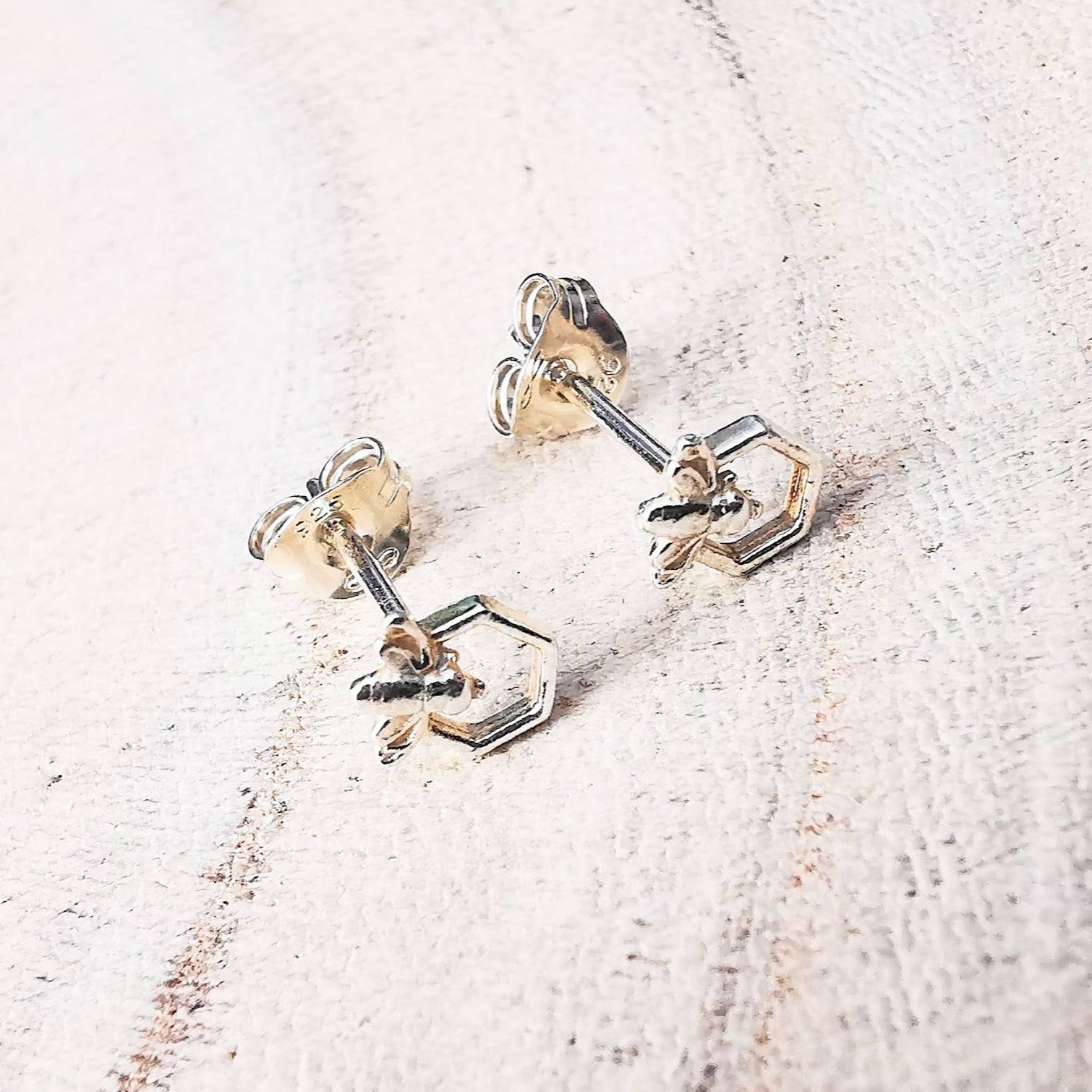 Sterling Silver Bee and Honeycomb Stud Earrings - SKU 1604 - Sophellie Jewellery