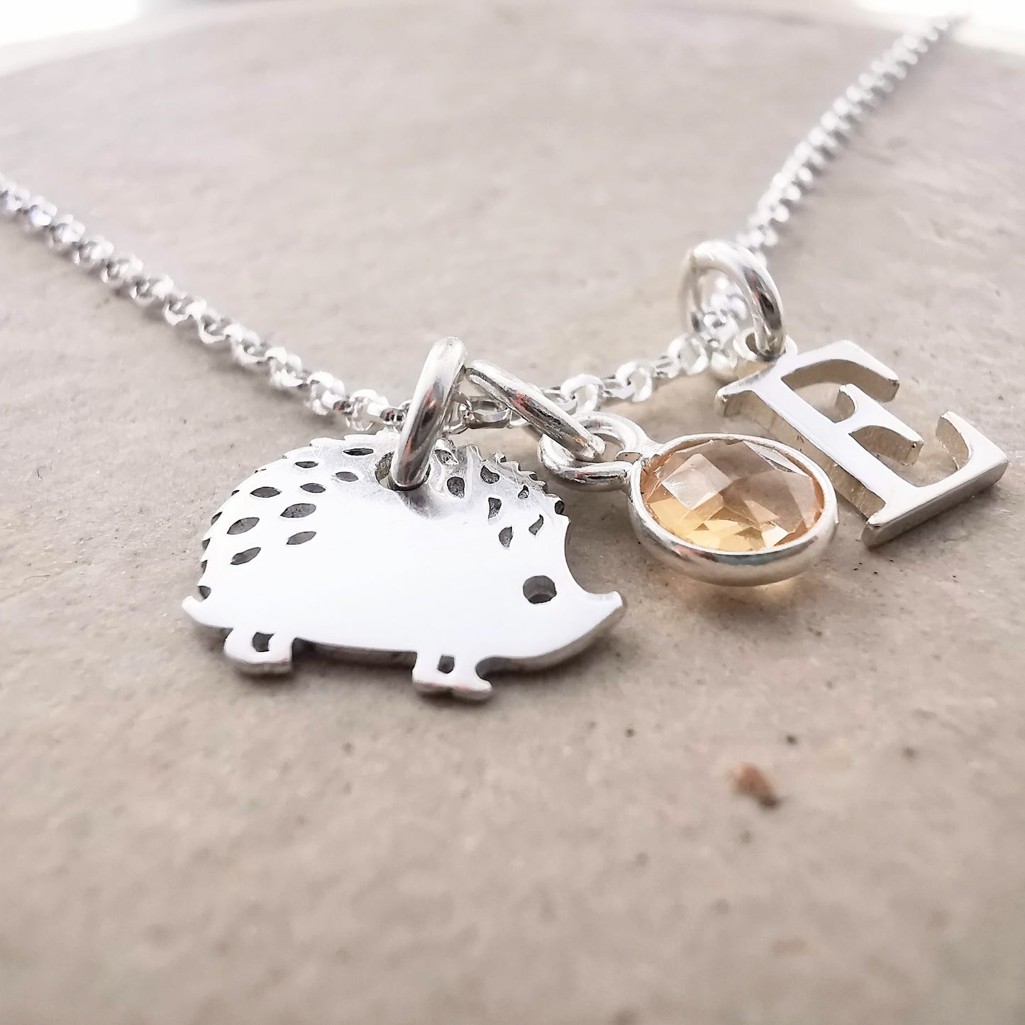 Sterling Silver Hedgehog, Initial & Gem Pendant Necklace - SKU 299 - Sophellie Jewellery