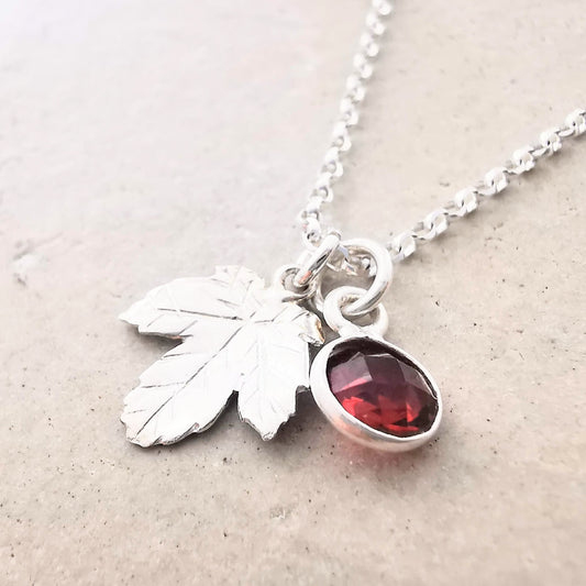 Sterling Silver Maple Leaf and Gemstone Pendant Necklace - SKU 1732 - Sophellie Jewellery