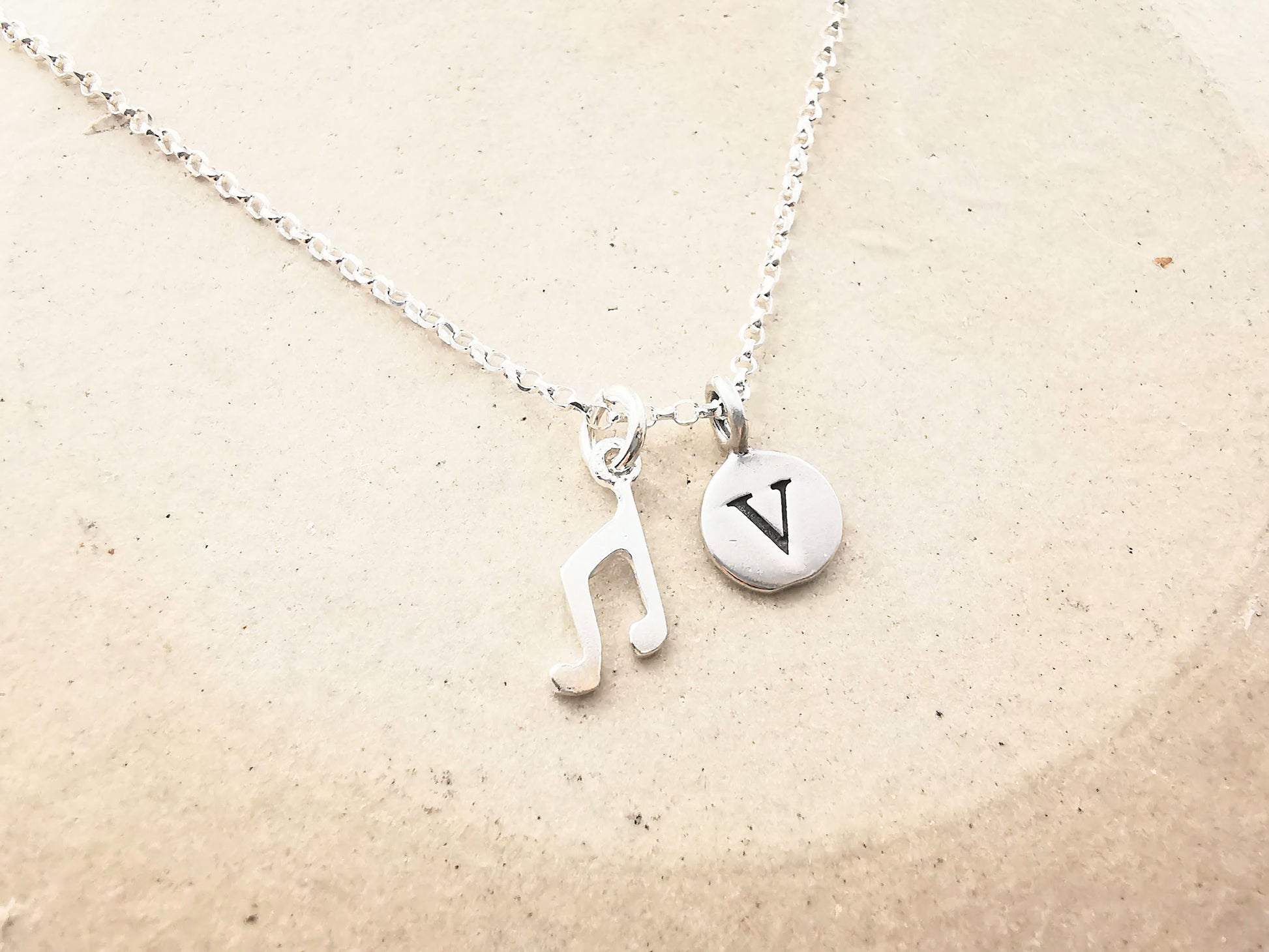 Sterling Silver Music Note and Initial Pendant Necklace - SKU 1222 - Sophellie Jewellery