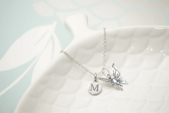 Sterling Silver Butterfly and Initial Pendant Necklace - SKU 020 - Sophellie Jewellery