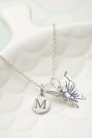 Sterling Silver Butterfly and Initial Pendant Necklace - SKU 020 - Sophellie Jewellery