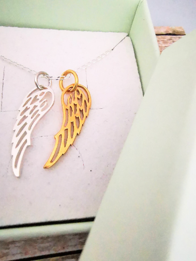 Gold and Sterling Silver Double Angel Wing Necklace - SKU 1020 - Sophellie Jewellery