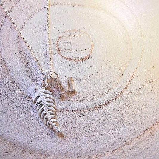 Sterling Silver Fern Leaf and Initial Pendant Necklace - SKU 1027 - Sophellie Jewellery