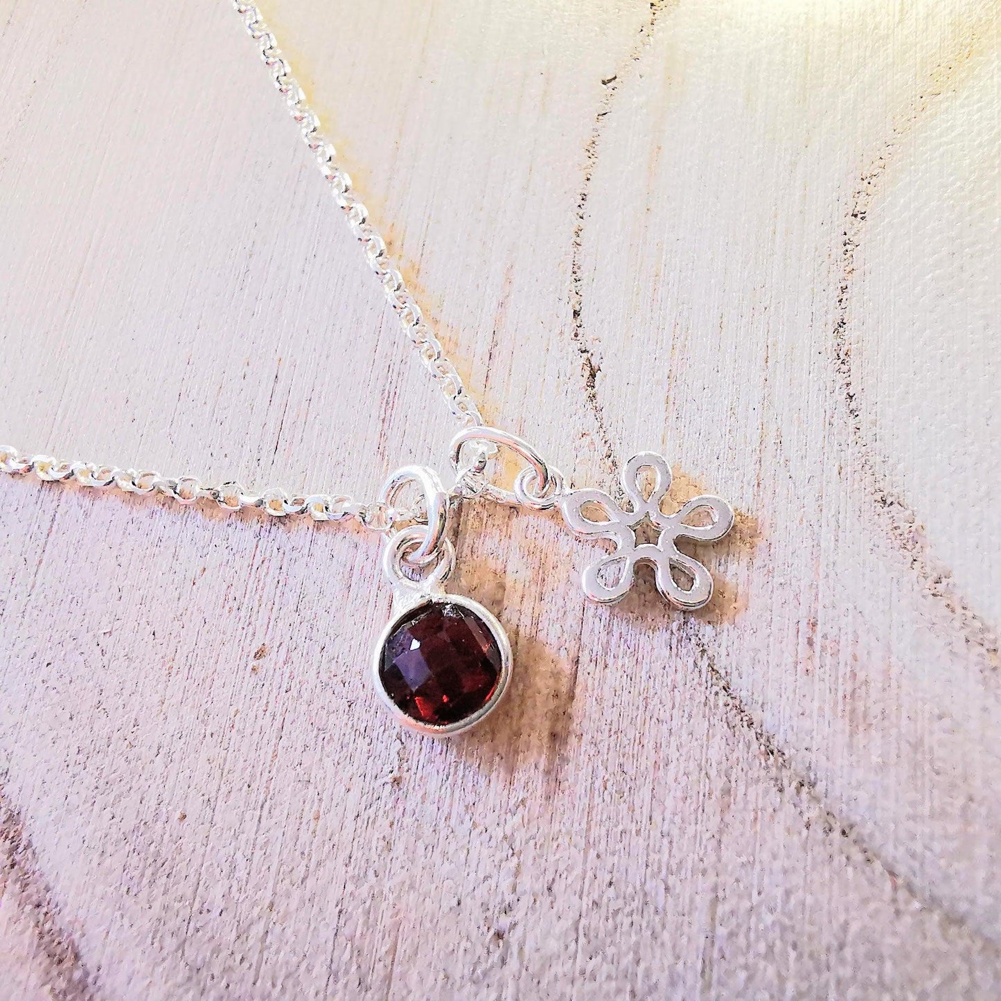 Sterling Silver Flower and Garnet Necklace - SKU 1041 - Sophellie Jewellery