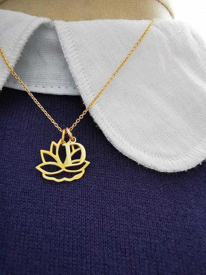 Gold Lotus Flower and Initial Necklace - SKU 641 - Sophellie Jewellery