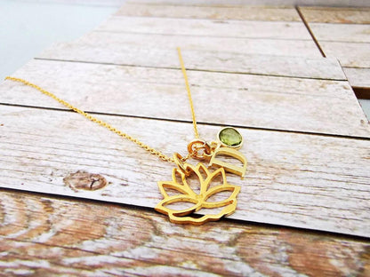 Gold Lotus Flower, Initial and Gemstone Pendant Necklace - SKU 055 - Sophellie Jewellery