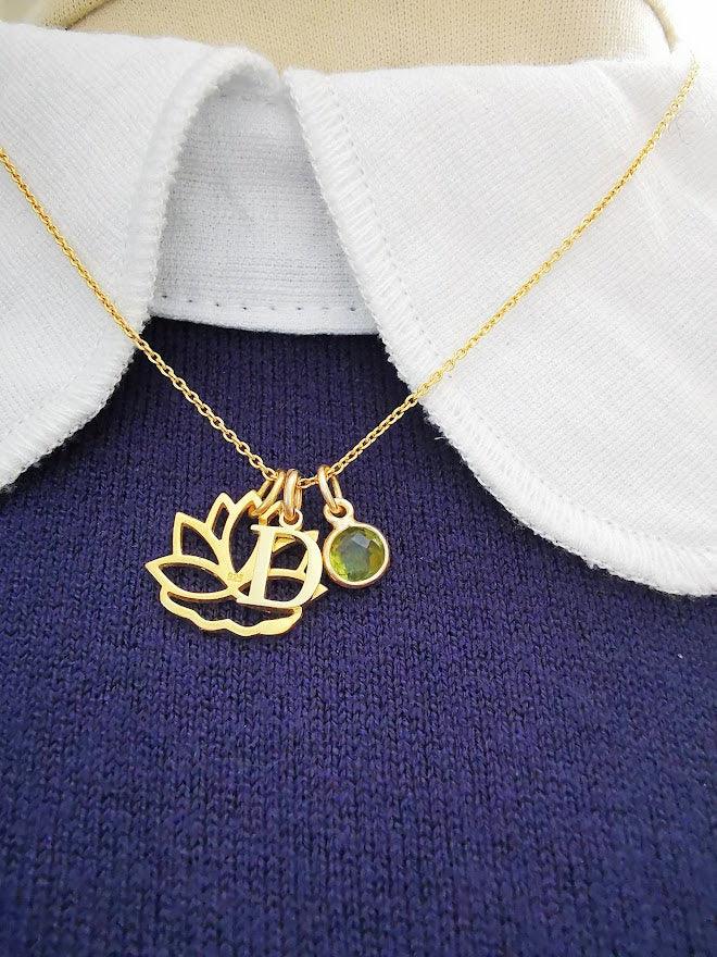 Gold Lotus Flower, Initial and Gemstone Pendant Necklace - SKU 055 - Sophellie Jewellery