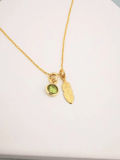 Gold Feather and Gemstone Pendant Necklace - SKU 740 - Sophellie Jewellery