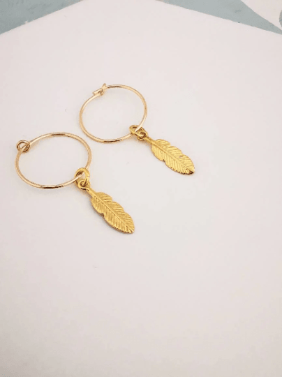 Gold Feather Hoop Earrings - SKU 741 - Sophellie Jewellery