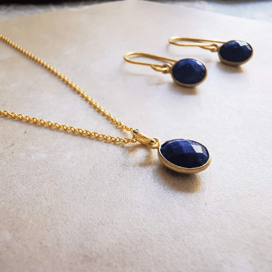 Gold Oval Lapis Lazuli Pendant Chain Necklace - SKU 758 - Sophellie Jewellery