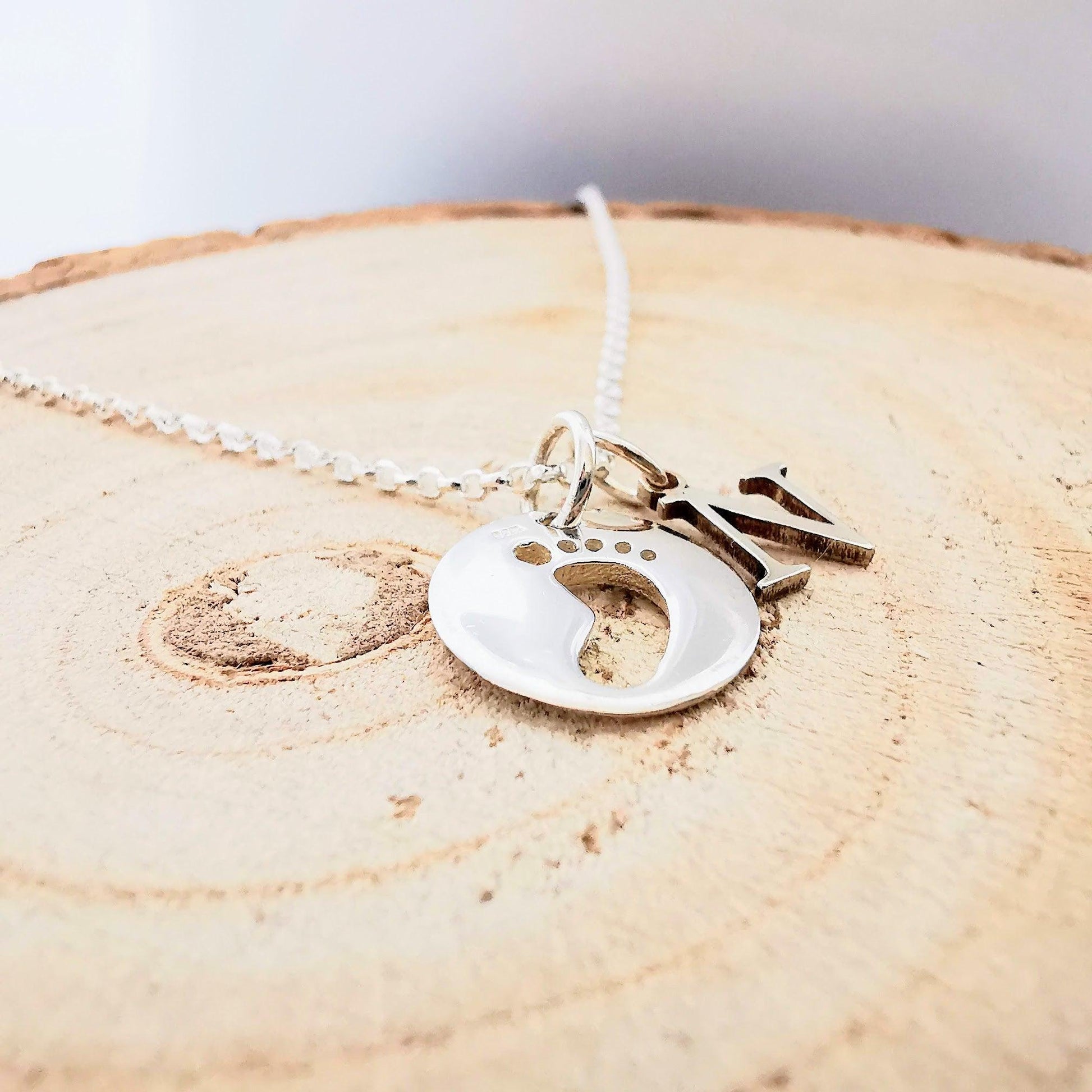 Sterling Silver Baby Footprint and Initial Pendant Necklace - SKU 808 - Sophellie Jewellery