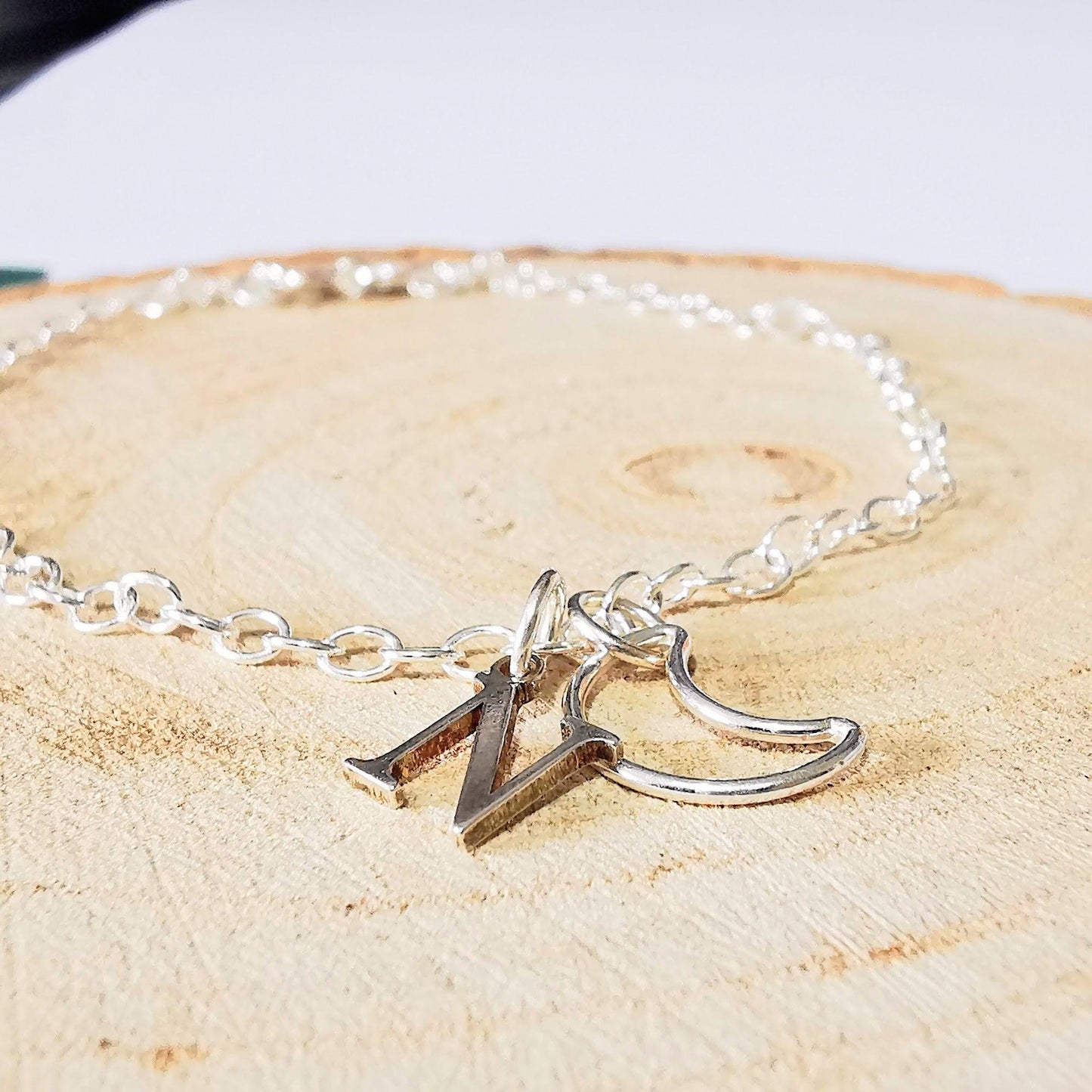 Sterling Silver Crescent Moon and Initial Bracelet - SKU 810 - Sophellie Jewellery