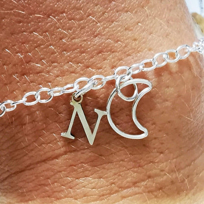 Sterling Silver Crescent Moon and Initial Bracelet - SKU 810 - Sophellie Jewellery