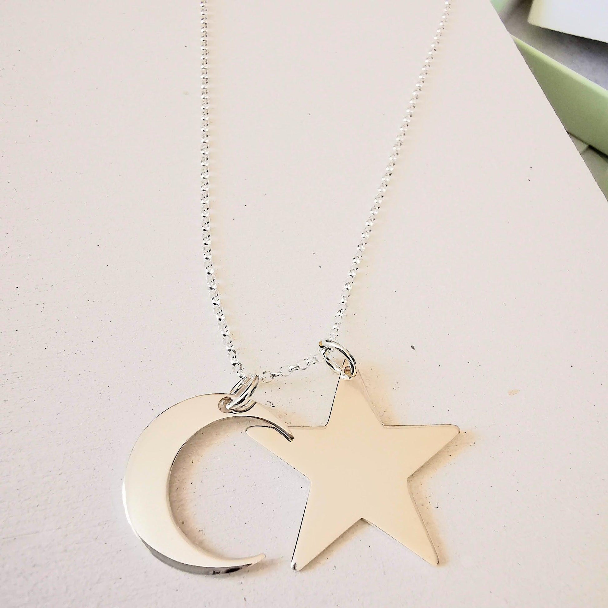 Sterling Silver Crescent Moon and Star Pendant Necklace - SKU 969 - Sophellie Jewellery