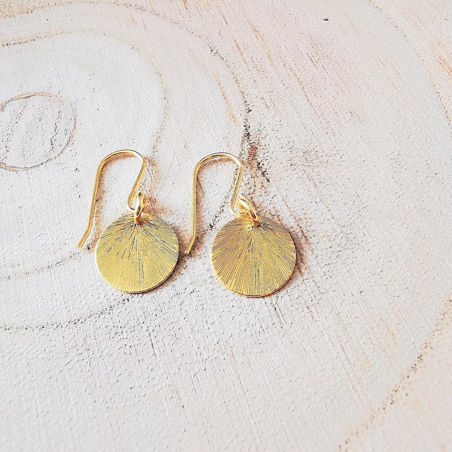 Gold Etched Disc Drop Earrings - SKU 971 - Sophellie Jewellery