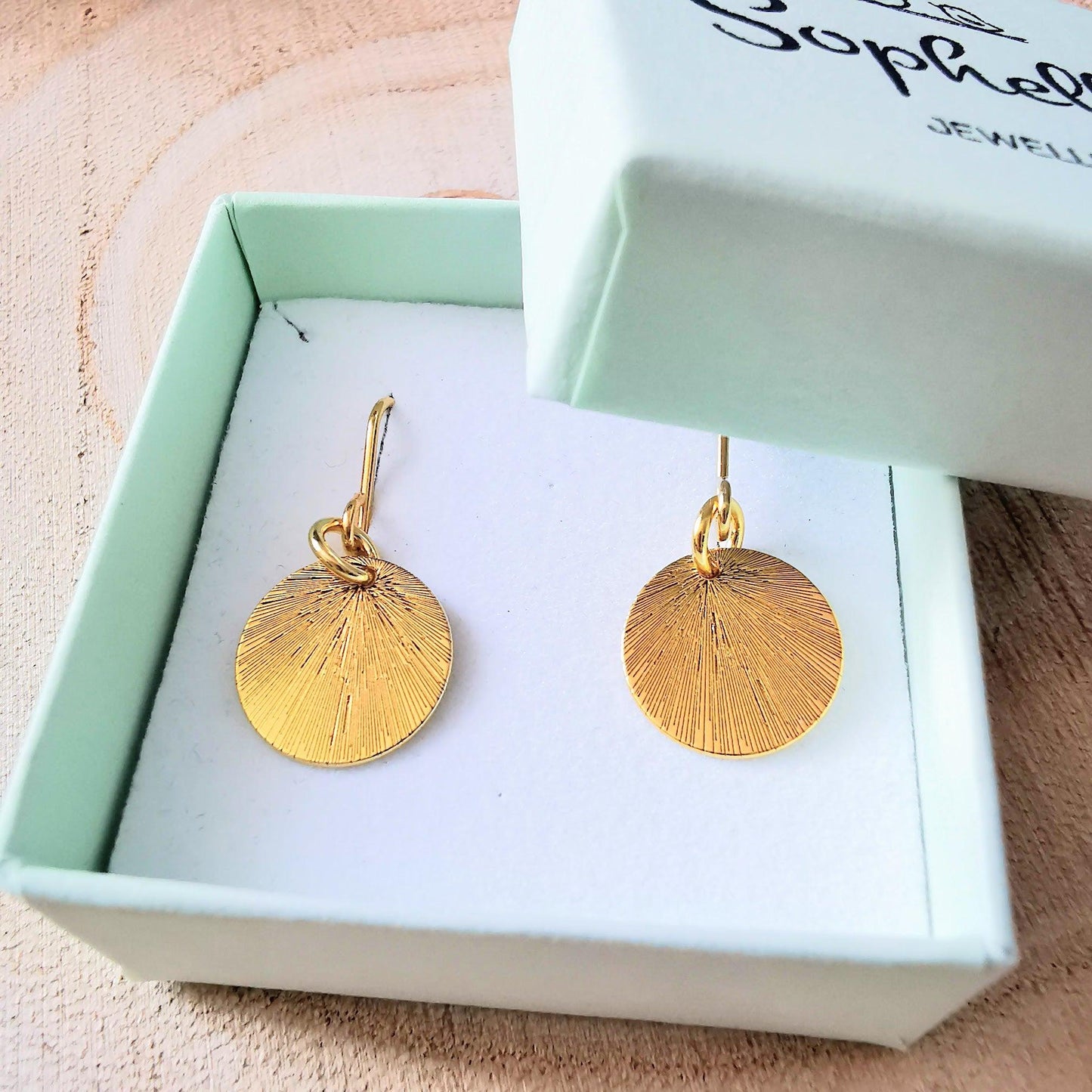 Gold Etched Disc Drop Earrings - SKU 971 - Sophellie Jewellery