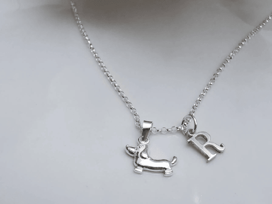 Silver Dachshund and Initial Pendant Necklace - SKU 736 - Sophellie Jewellery