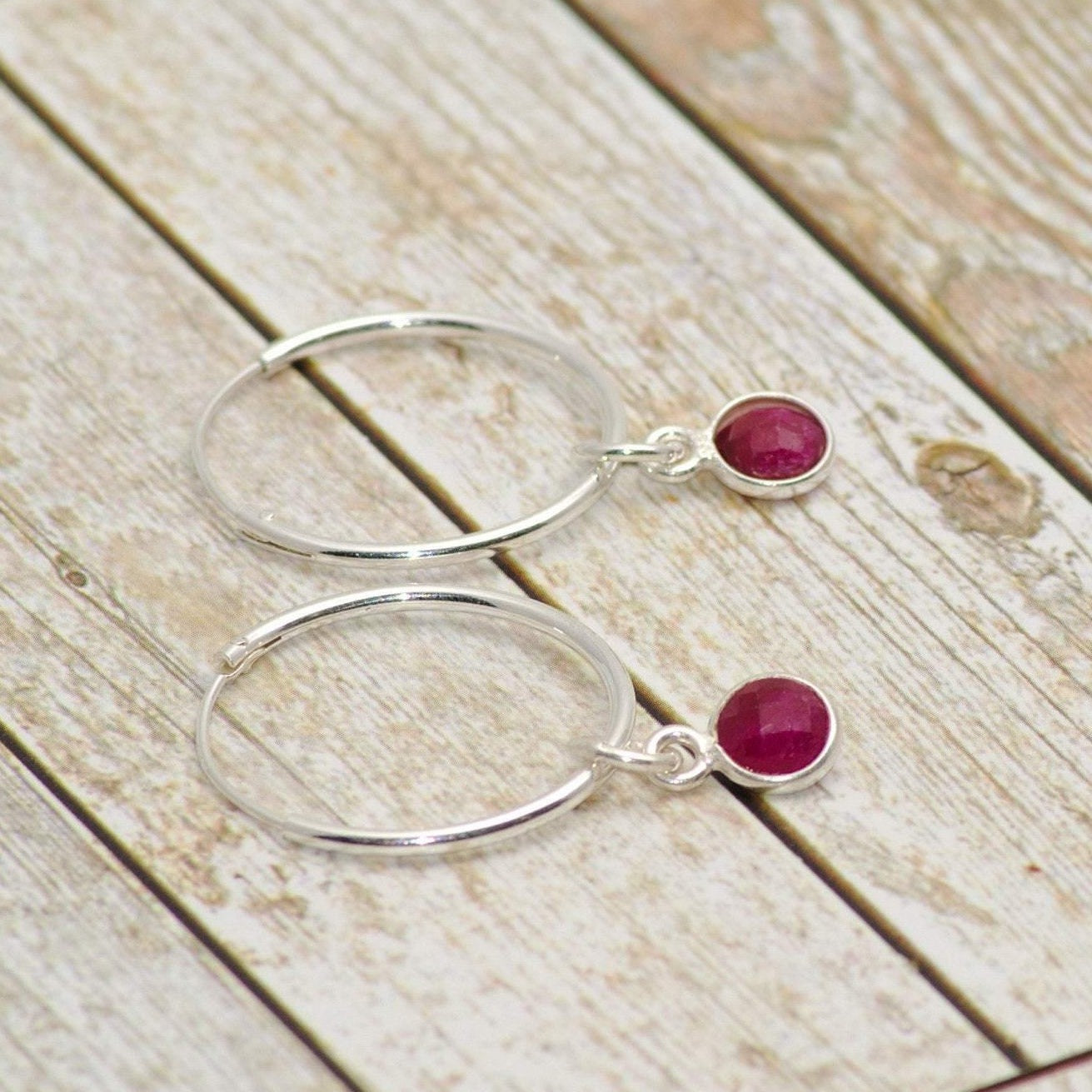 Sterling Silver Ruby Hoop Earrings - SKU 074 - Sophellie Jewellery