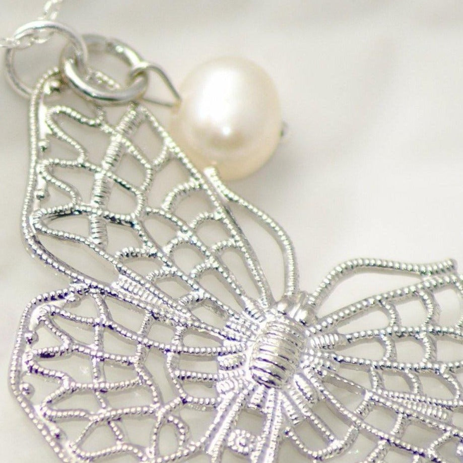 Sterling Silver Butterfly and Pearl Pendant Necklace - SKU 046 - Sophellie Jewellery