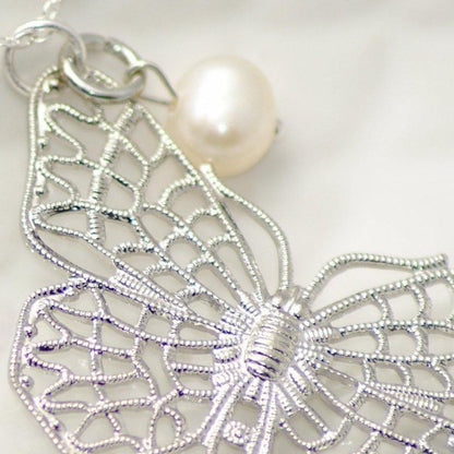 Sterling Silver Butterfly and Pearl Pendant Necklace - SKU 046 - Sophellie Jewellery