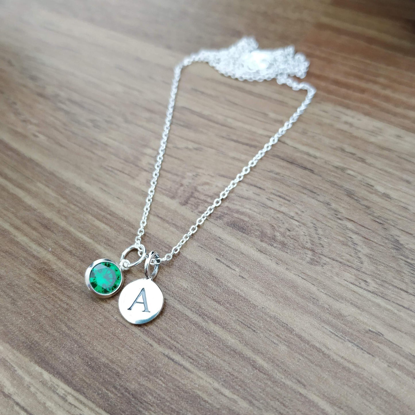 Sterling Silver Green CZ and Initial Pendant Necklace - SKU 158 - Sophellie Jewellery