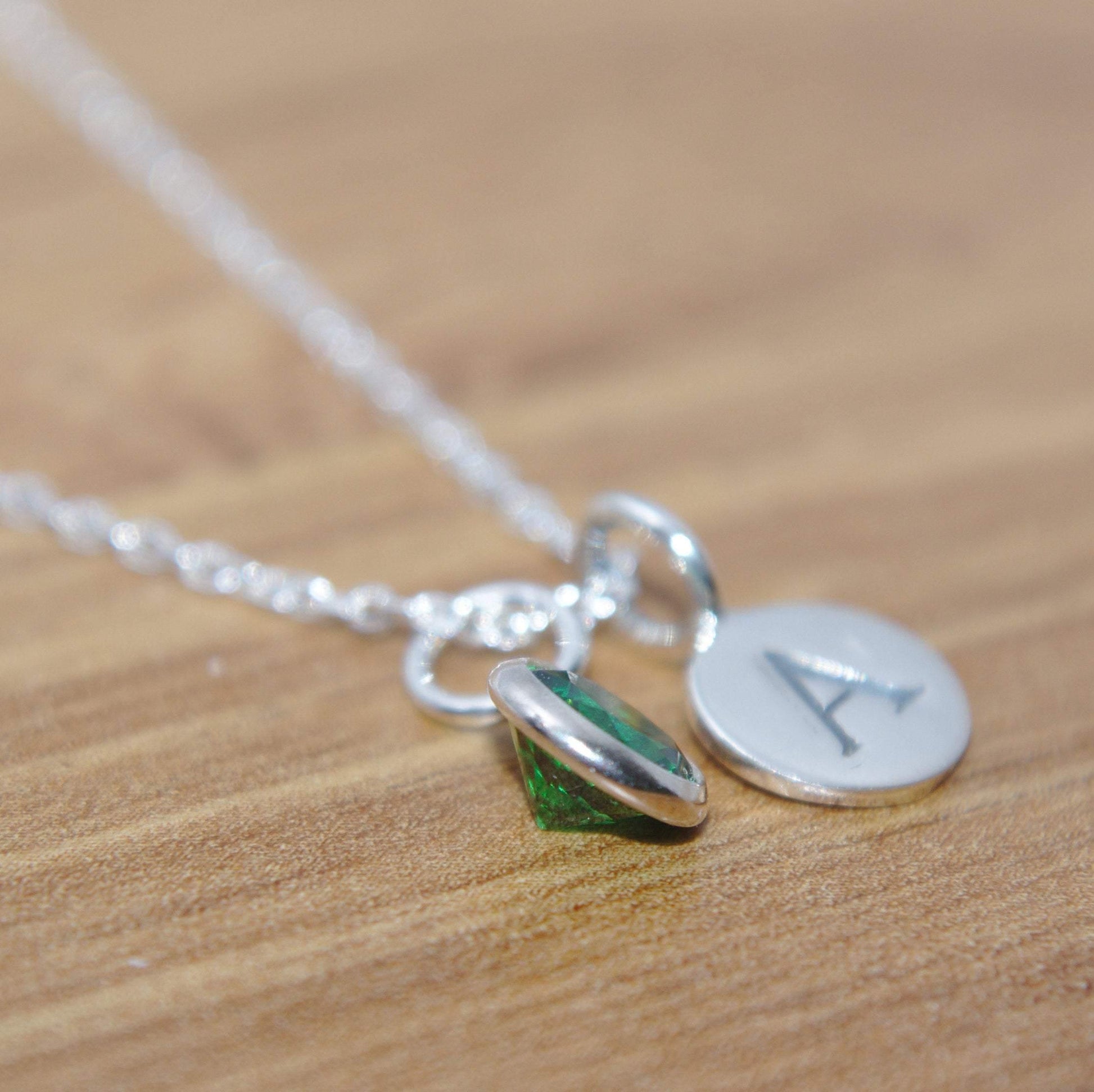 Sterling Silver Green CZ and Initial Pendant Necklace - SKU 158 - Sophellie Jewellery