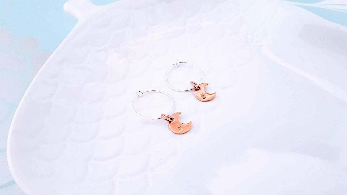 Silver and Rose Gold Crescent Moon Hoop Earrings - SKU 178 - Sophellie Jewellery