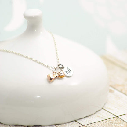 Sterling Silver and Gold Bow Personalised Initial Necklace - SKU 028 - Sophellie Jewellery