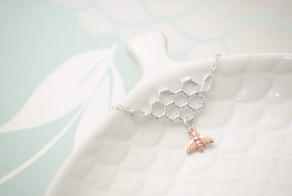 Sterling Silver and Rose Gold Bee Honeycomb Necklace - SKU 039 - Sophellie Jewellery