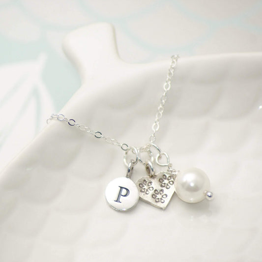 Sterling Silver Personalised Heart and Pearl Necklace - SKU 025 - Sophellie Jewellery