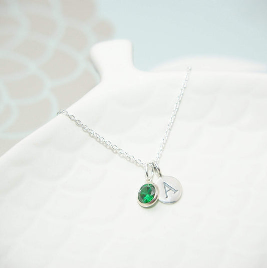 Sterling Silver Green CZ and Initial Pendant Necklace - SKU 158 - Sophellie Jewellery